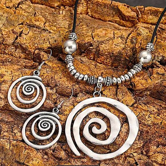 Boho Geometric Spiral Necklace Earrings Set - Picture 2 of 5